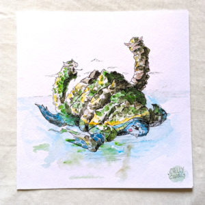La tortue Bedawang - Aquarelle originale de voyage - Chilly Charly (14x14 cm)